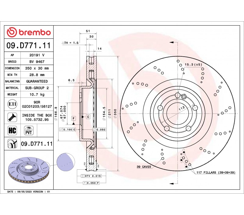 09.C819.11 BREMBO Disco De Freno 363x33mm, 5, Ventilación Interna Para